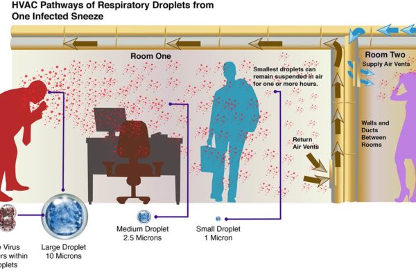 HVAC pathways of respiratory droplets